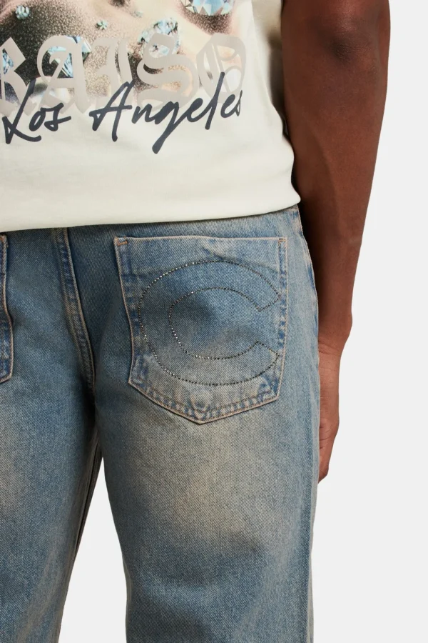 Relaxed Rhinestone Pocket Detail Jeans  - Antique Wash