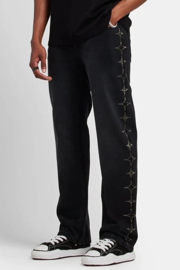 Relaxed Rhinestone Star Jeans - Washed Black