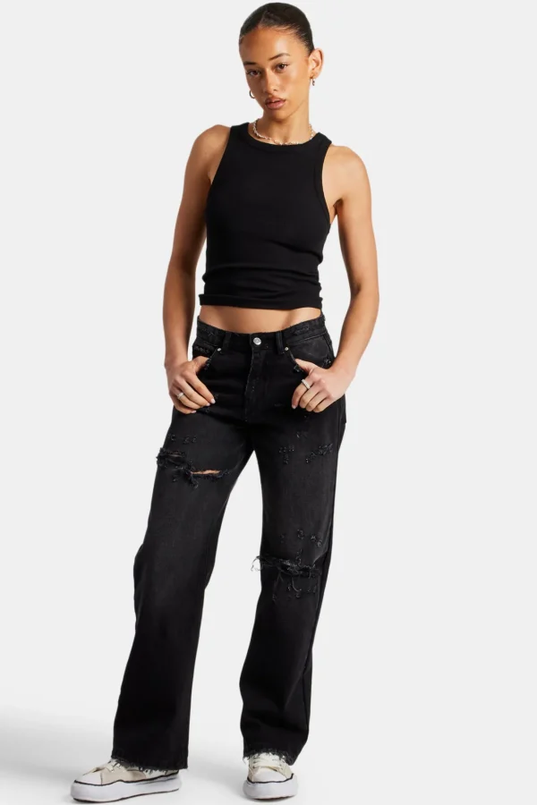 Relaxed Ripped Jeans With Distressing - Washed Black