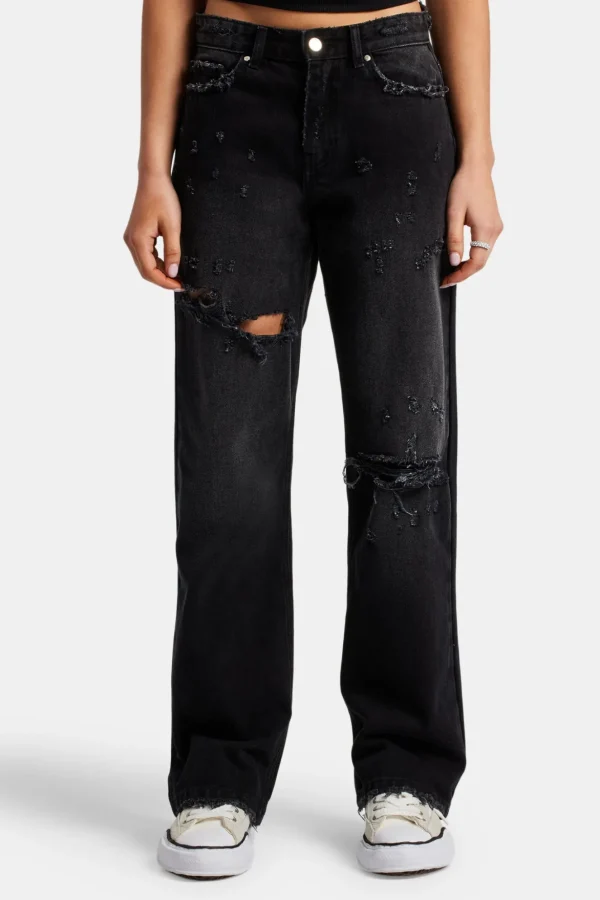 Relaxed Ripped Jeans With Distressing - Washed Black