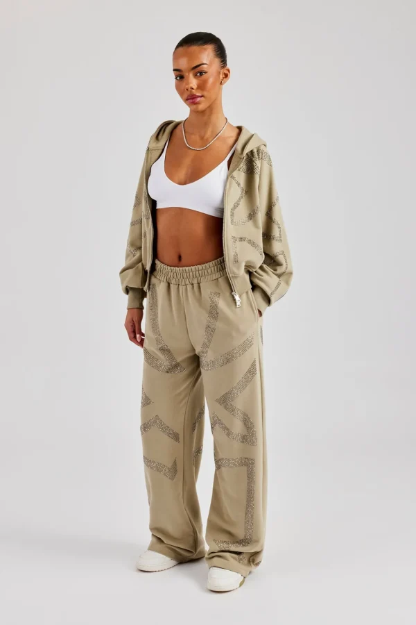 Rhinestone Cross Wide Leg Jogger - Khaki