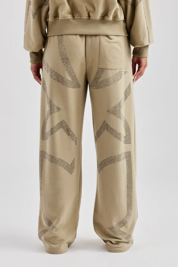 Rhinestone Cross Wide Leg Jogger - Khaki