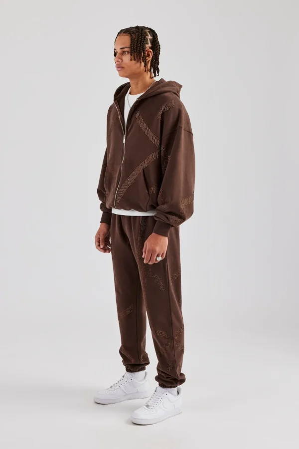 Rhinestone Cross Zip Through Tracksuit - Brown