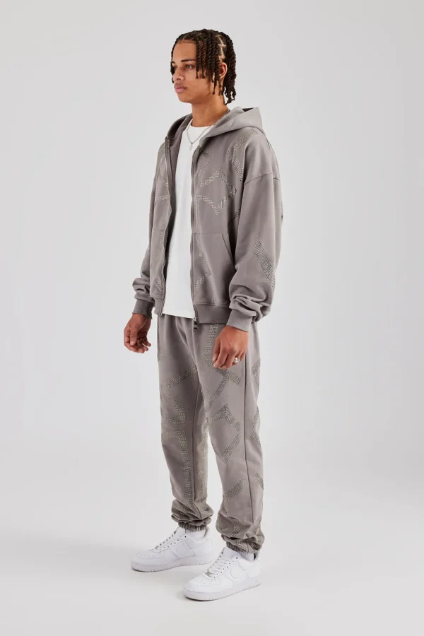 Rhinestone Cross Zip Through Tracksuit - Charcoal