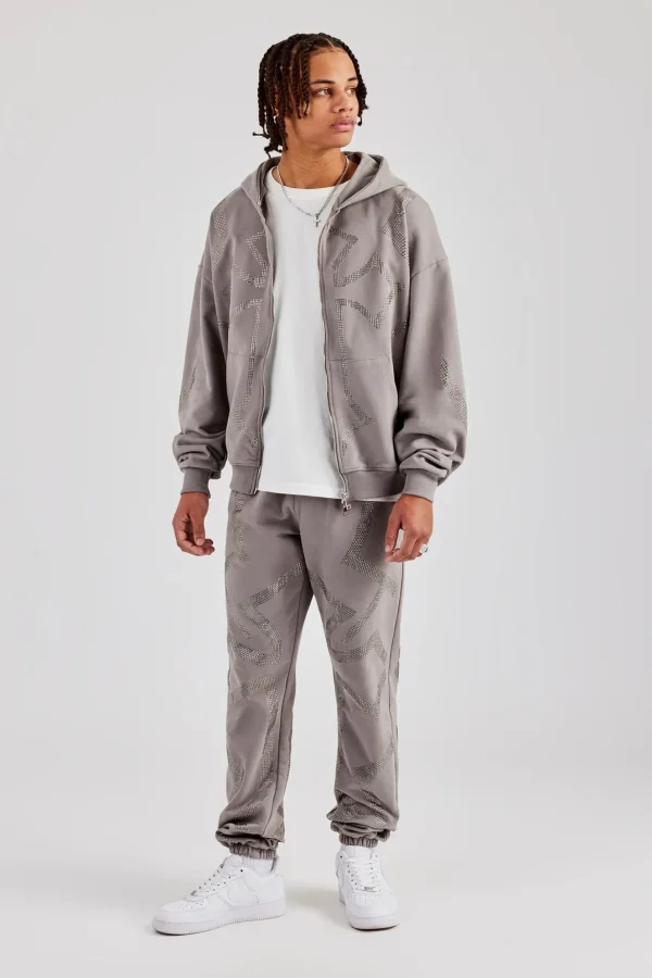 Rhinestone Cross Zip Through Tracksuit - Charcoal