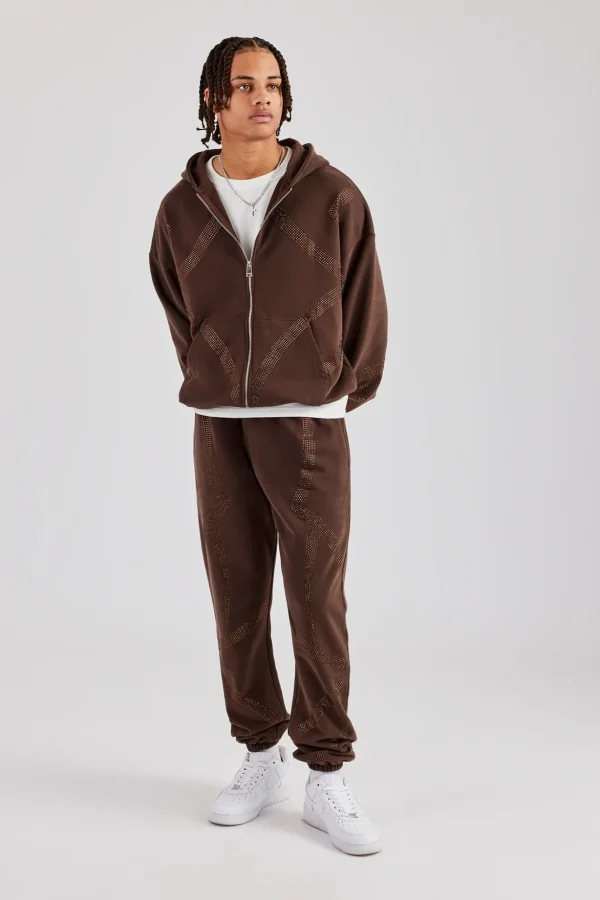 Rhinestone Cross Zip Through Tracksuit - Brown