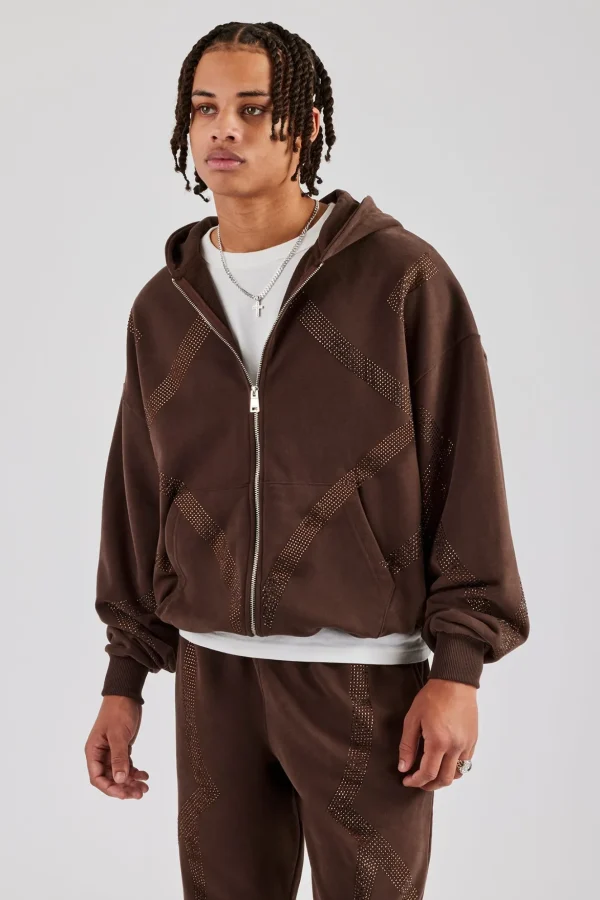 Rhinestone Diamond Zip Through Hoodie - Chocolate