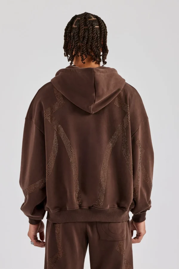 Rhinestone Diamond Zip Through Hoodie - Chocolate