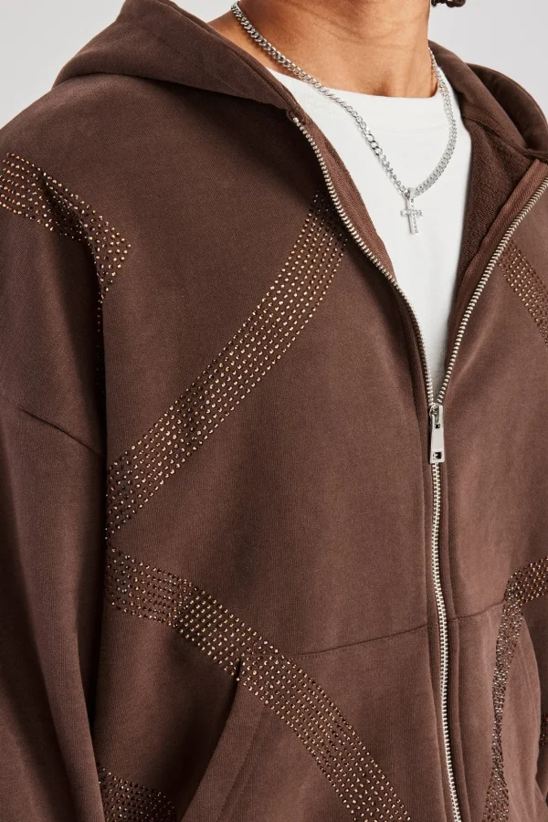 Rhinestone Diamond Zip Through Hoodie - Chocolate