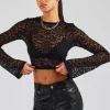 Rhinestone Long Sleeve Lace Top - Black