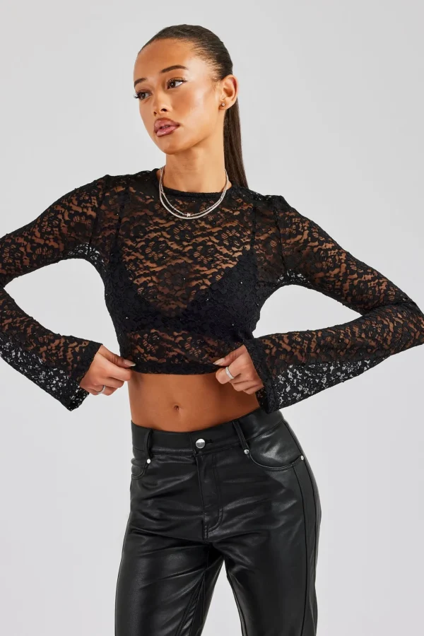 Rhinestone Long Sleeve Lace Top - Black