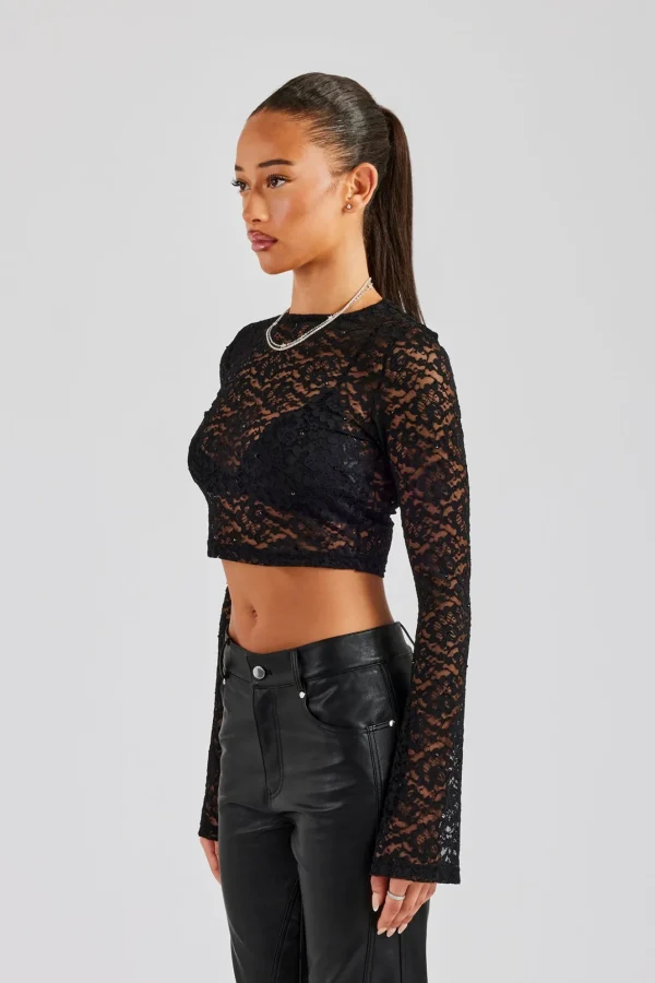 Rhinestone Long Sleeve Lace Top - Black