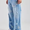 Rhinestone Motif Baggy Jean - Mid Blue