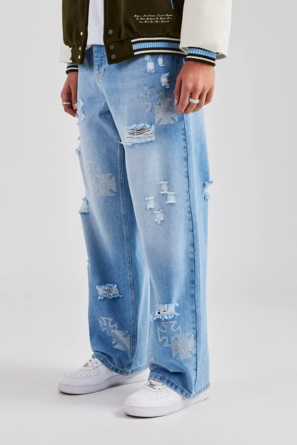 Rhinestone Motif Baggy Jean - Mid Blue