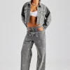 Rhinestone Motif Denim Jacket and Jean Set - Washed Grey