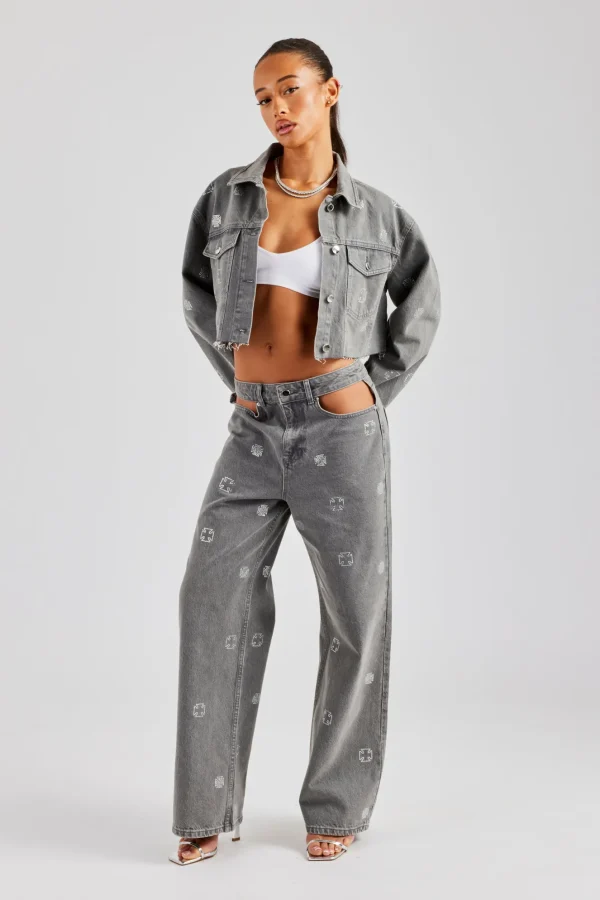 Rhinestone Motif Denim Jacket and Jean Set - Washed Grey