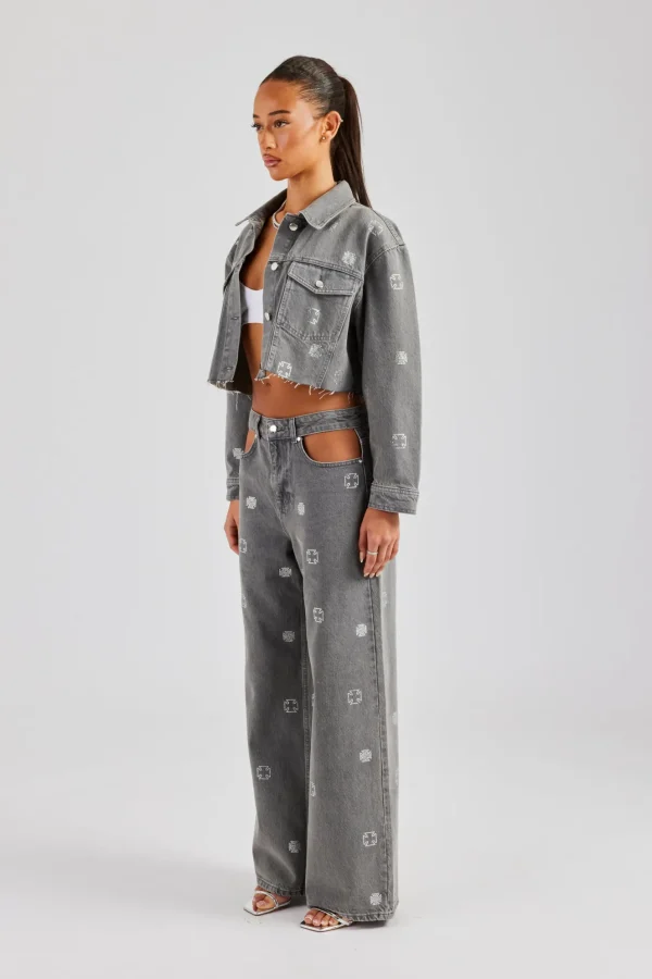 Rhinestone Motif Denim Jacket and Jean Set - Washed Grey