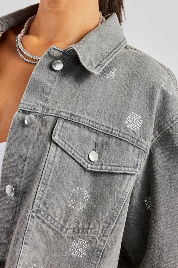 Rhinestone Motif Denim Jacket and Jean Set - Washed Grey