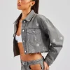 Rhinestone Motif Relaxed Denim Jacket - Washed Grey