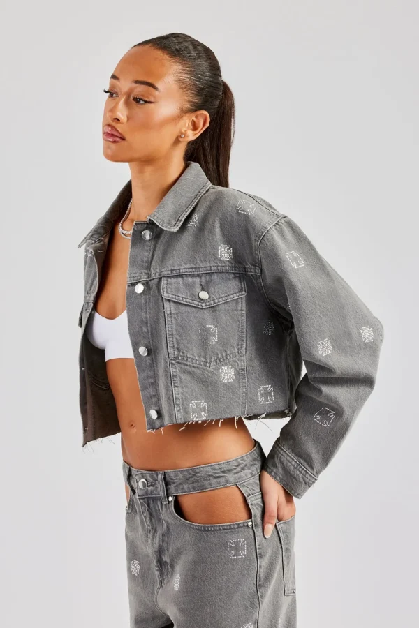 Rhinestone Motif Relaxed Denim Jacket - Washed Grey