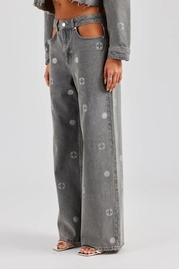 Rhinestone Motif Relaxed Denim Jean - Washed Grey