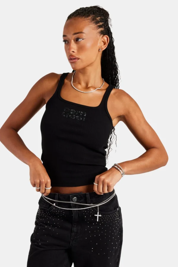 Rib Glitter Applique Vest Top - Black