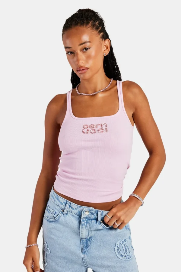 Rib Glitter Applique Vest Top - Pink