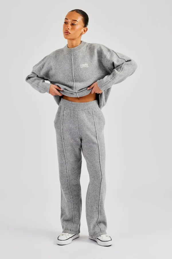 Seam Detail Knitted Sweatshirt & Wide Leg Jogger - Grey