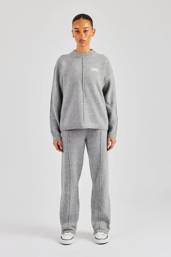 Seam Detail Knitted Sweatshirt & Wide Leg Jogger - Grey