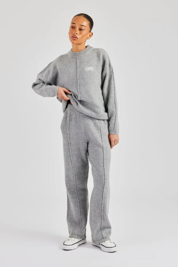 Seam Detail Knitted Sweatshirt & Wide Leg Jogger - Grey