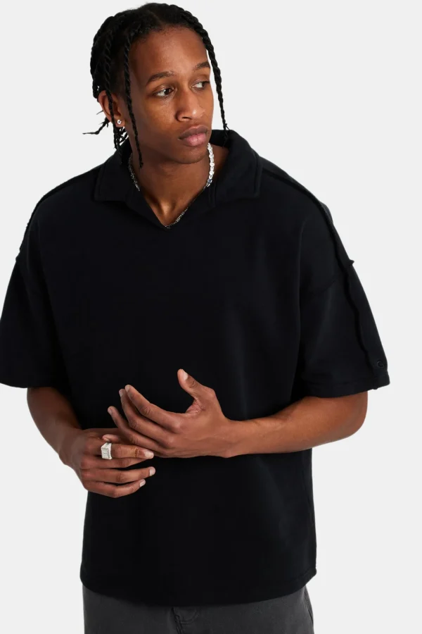 Short Sleeve Exposed Seam Collared Sweatshirt - Black