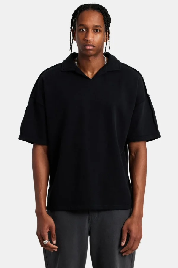 Short Sleeve Exposed Seam Collared Sweatshirt - Black