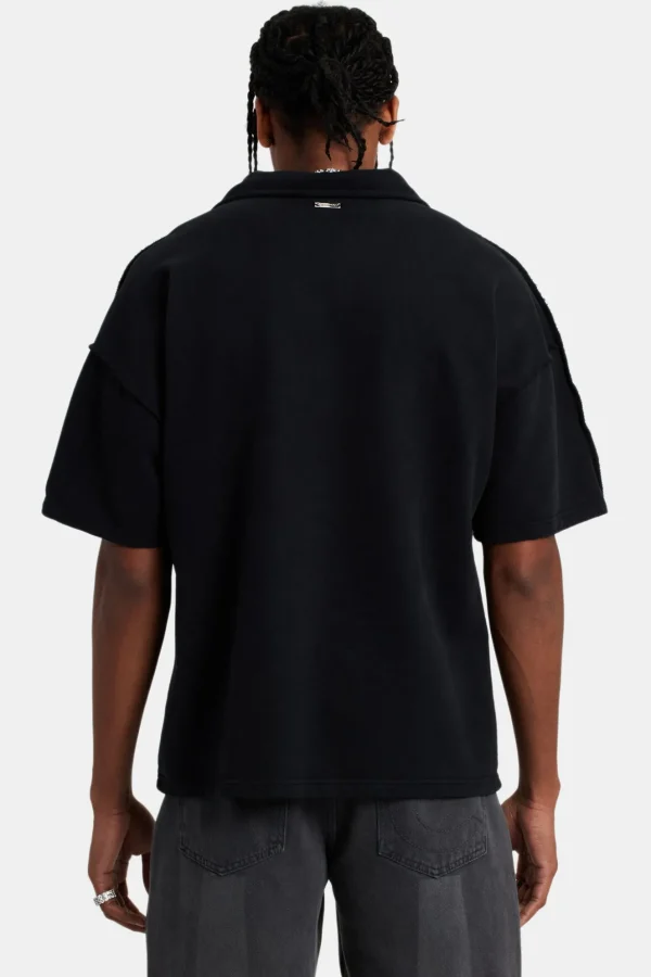 Short Sleeve Exposed Seam Collared Sweatshirt - Black