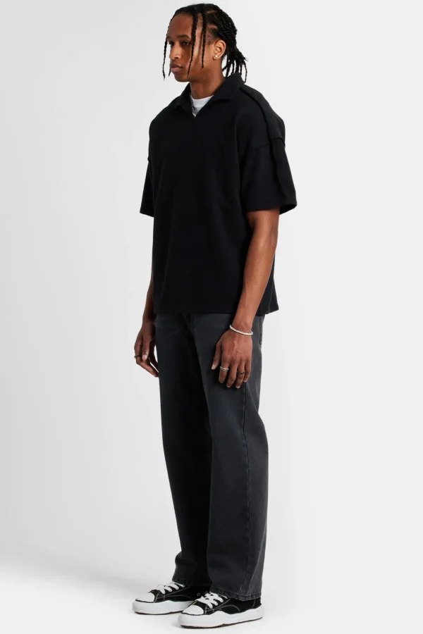 Short Sleeve Exposed Seam Collared Sweatshirt - Black