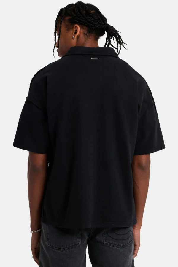 Short Sleeve Exposed Seam Collared Sweatshirt - Black