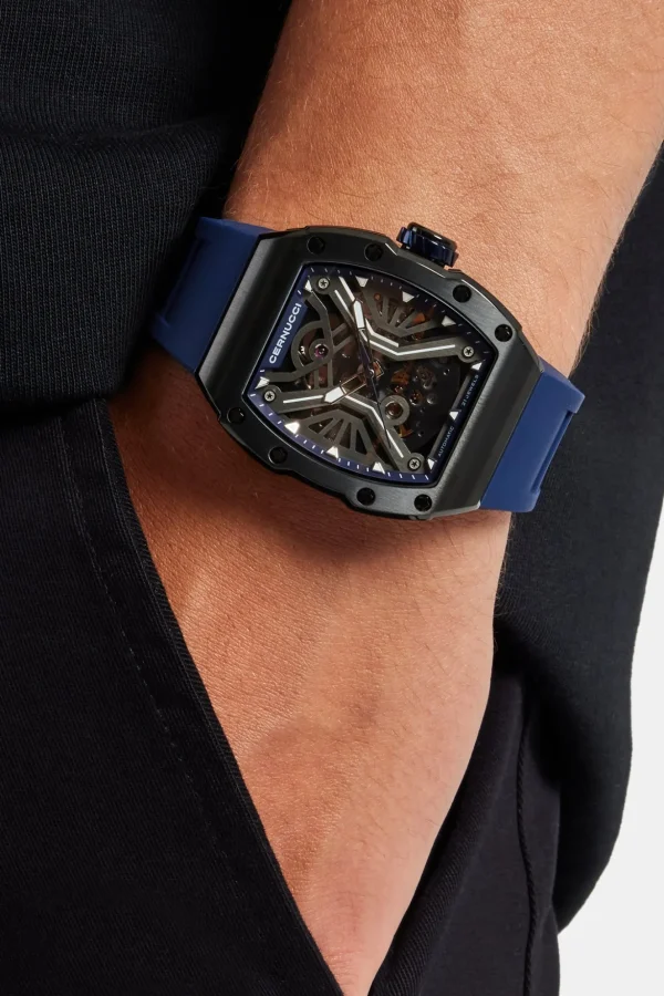 Skeleton Rubber Strap Watch - Navy