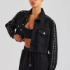 Stud Cropped Denim Jacket - Washed Black