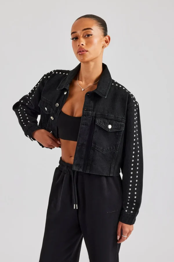 Stud Cropped Denim Jacket - Washed Black