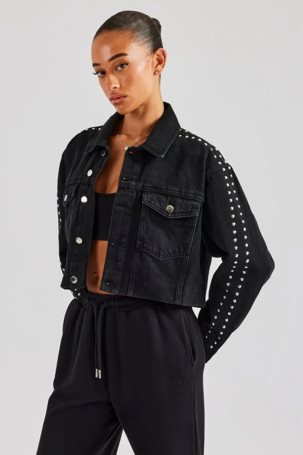 Stud Cropped Denim Jacket - Washed Black