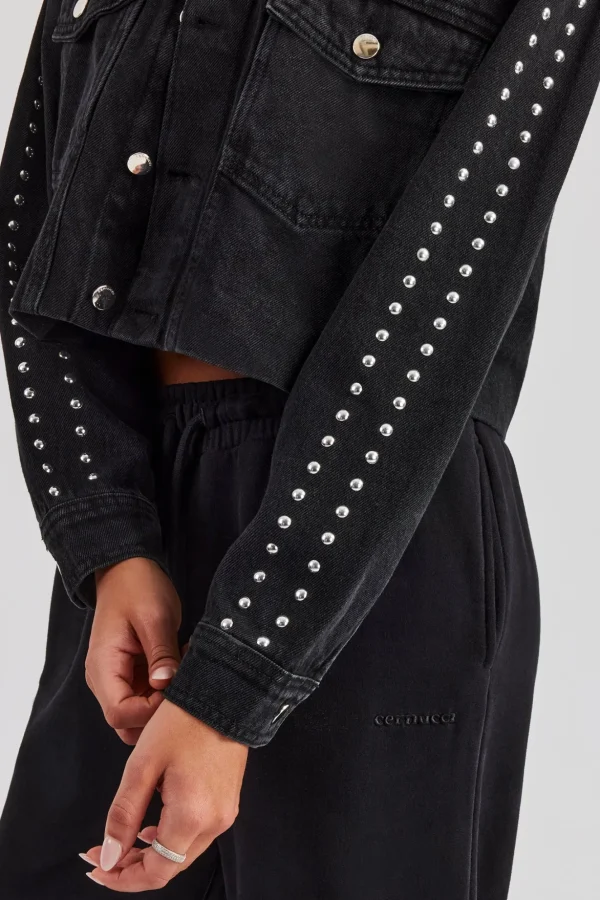 Stud Cropped Denim Jacket - Washed Black