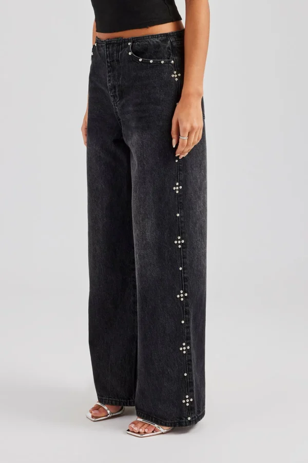 Stud Detail Baggy Jean - Washed Black