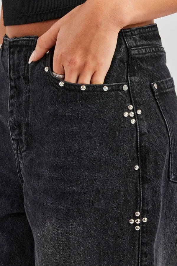 Stud Detail Baggy Jean - Washed Black