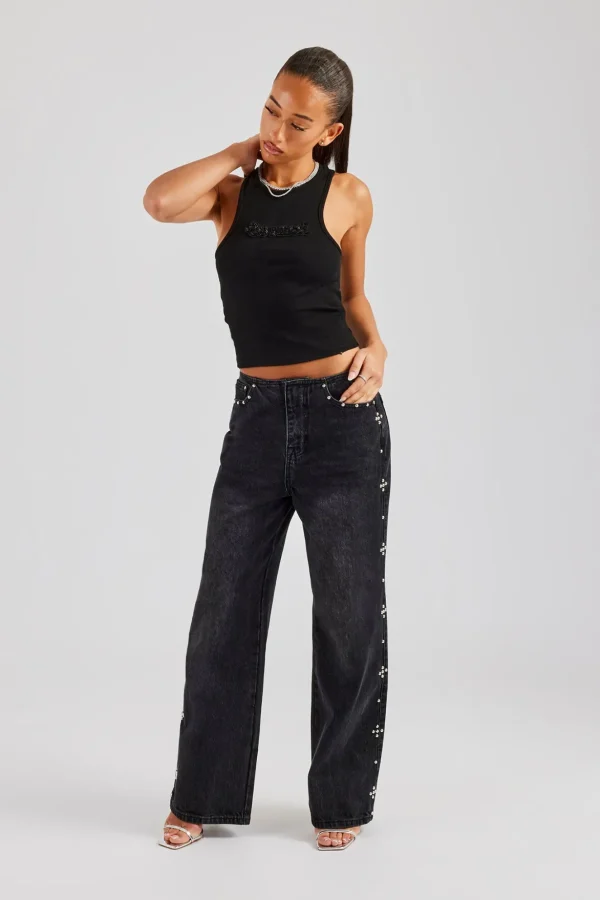 Stud Detail Baggy Jean - Washed Black