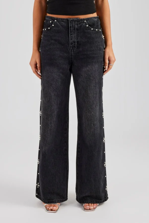 Stud Detail Baggy Jean - Washed Black