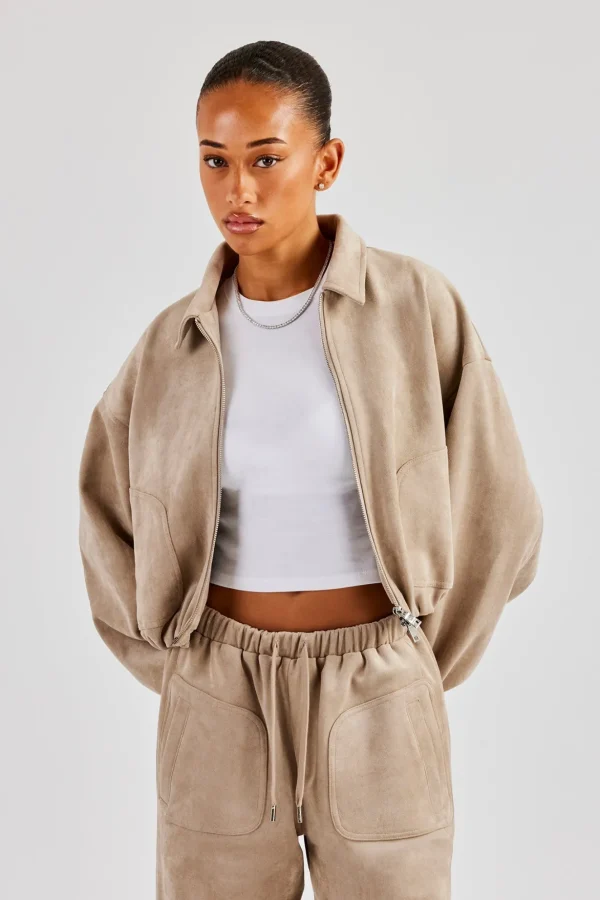 Suede Collared Bomber Jacket - Beige