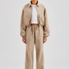 Suede Collared Bomber Jacket & Wide Leg Trouser - Beige