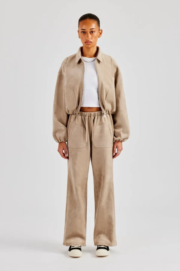 Suede Collared Bomber Jacket & Wide Leg Trouser - Beige