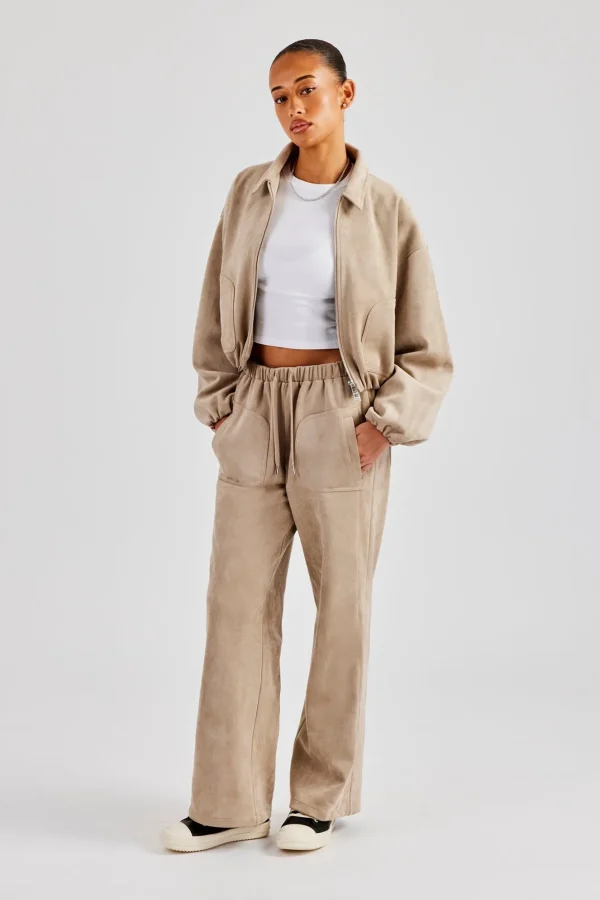 Suede Collared Bomber Jacket & Wide Leg Trouser - Beige