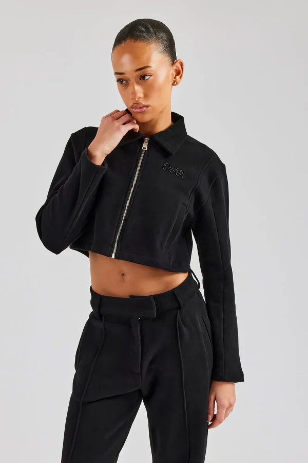 Tailored Jersey Cropped Harrington Jacket - Black