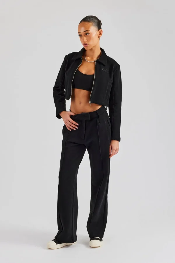 Tailored Jersey Cropped Harrington Jacket & Wide Leg Trouser - Black